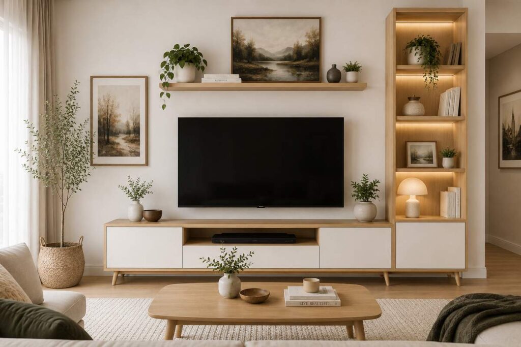 Scandinavian TV unit design with light wood cabinet, minimalist white entertainment wall, aesthetic landscape paintings, indoor plants, soft lighting, and modern Nordic living room interior.