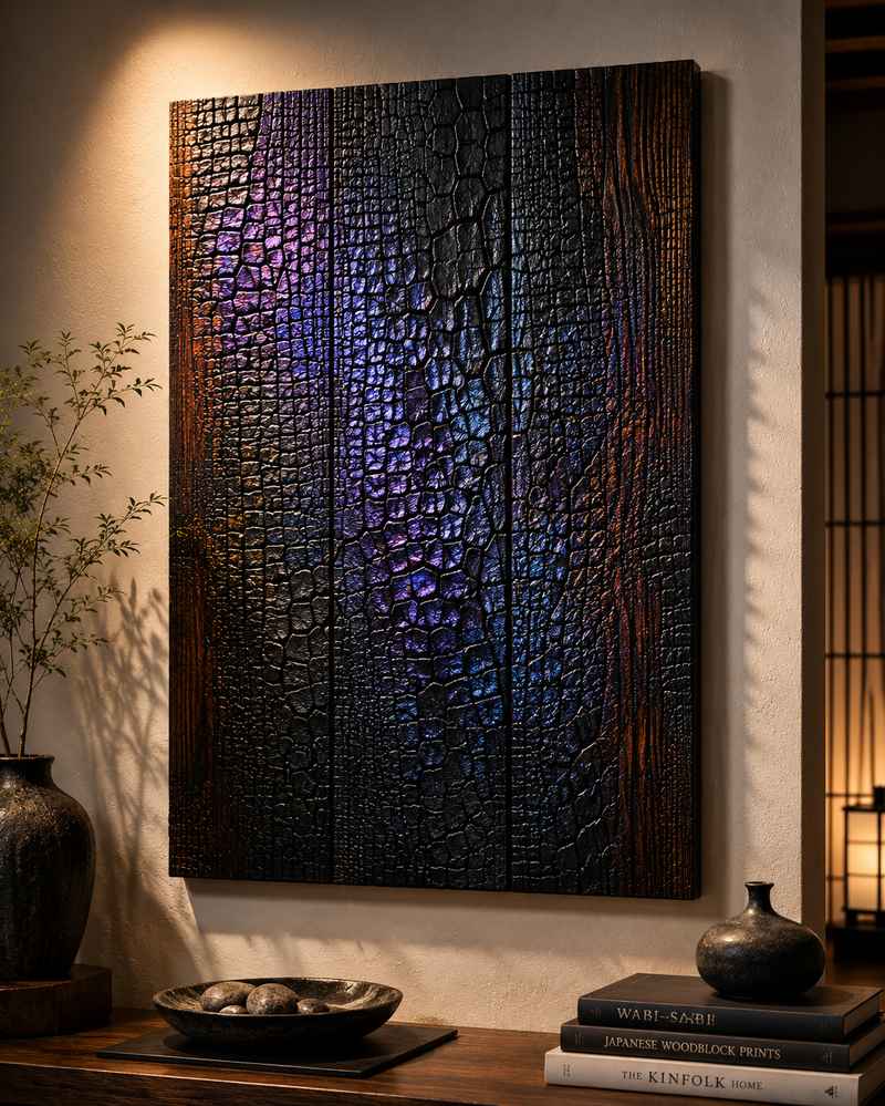 Large Shou Sugi Ban wall art panel crafted from charred cedar planks, featuring dramatic alligator-textured black wood with iridescent blue and violet highlights, displayed in a minimalist Japanese-inspired interior with warm gallery lighting.