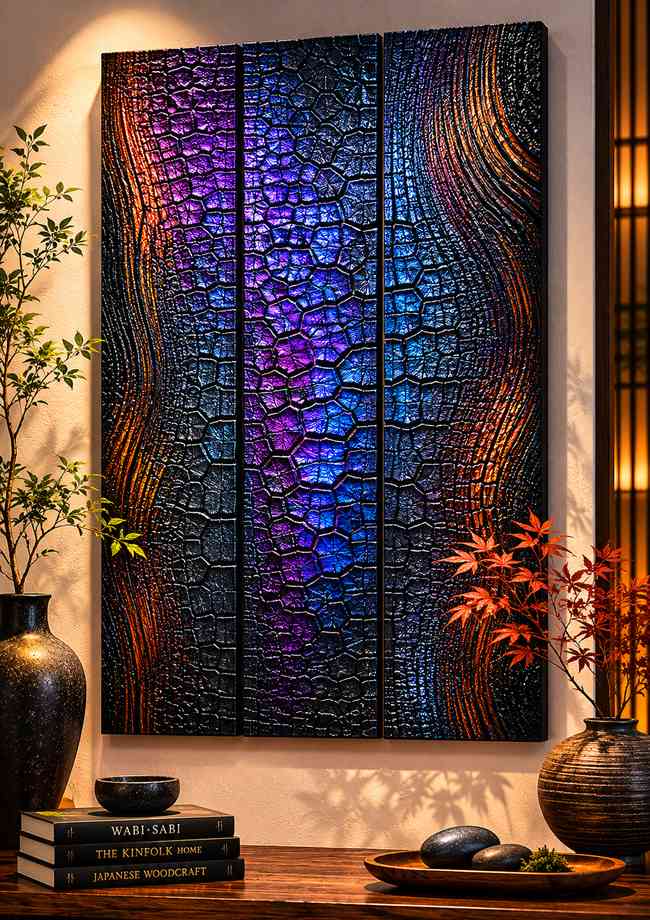 Three-panel Shou Sugi Ban wall art crafted from charred cedar wood, featuring dramatic alligator-textured carbonized surfaces with striking blue, violet, and copper iridescent highlights, displayed in a minimalist Japanese-inspired interior with warm ambient lighting and natural decor accents.