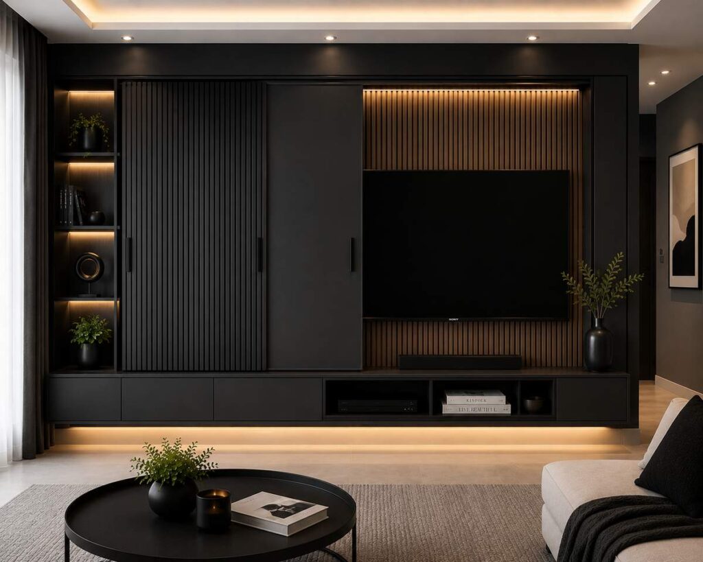 Matte black sliding panel TV unit design with concealed entertainment wall, wooden slat panels, warm LED lighting, floating media console, and luxury modern living room interior.