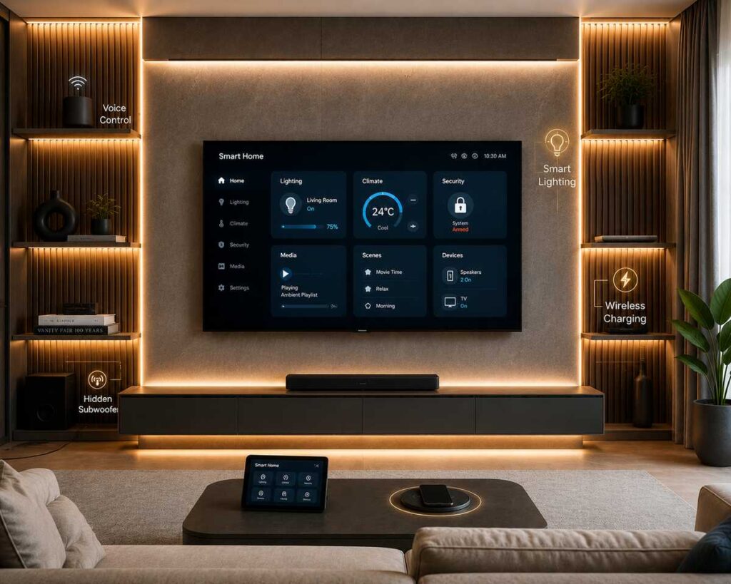 Smart home TV unit design with integrated LED lighting, wireless charging station, hidden speakers, floating entertainment console, and futuristic modern living room interior.