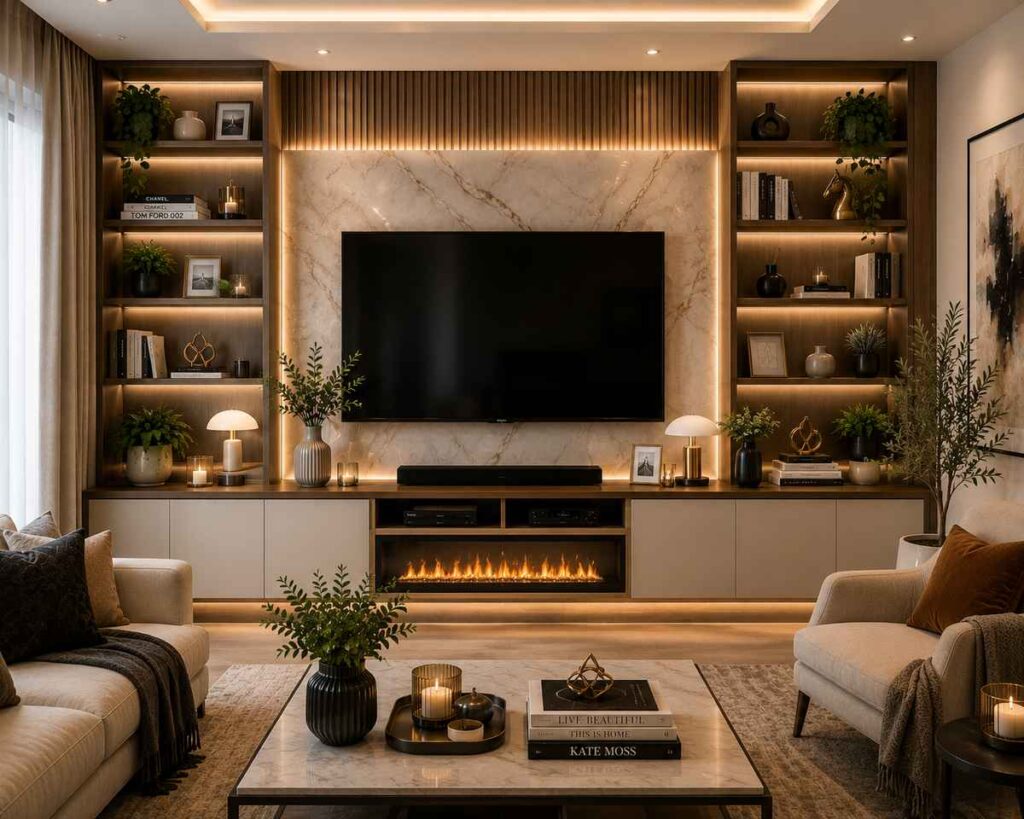 Luxury TV unit with built-in bookshelves, warm LED lighting, marble TV wall panel, decorative shelves, indoor plants, fireplace, and modern contemporary living room interior.