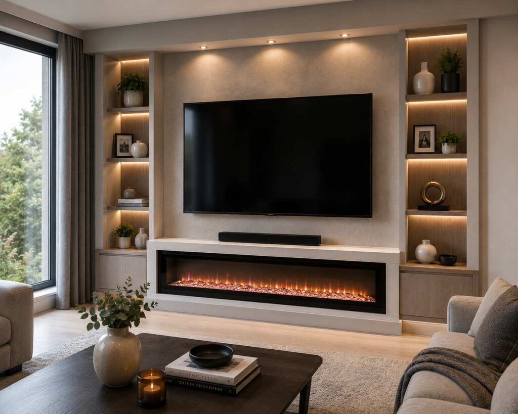 Modern TV unit with electric fireplace, wooden entertainment wall, warm LED lighting, floating media console, and luxury contemporary living room interior.