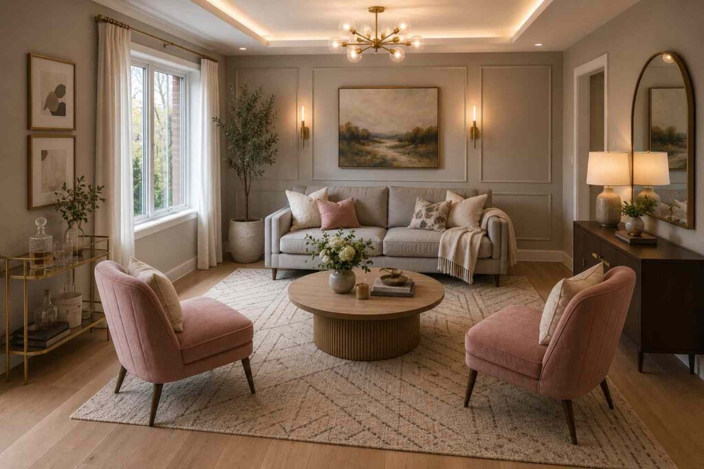 Two Slipper Accent Chairs Opposite Sofa