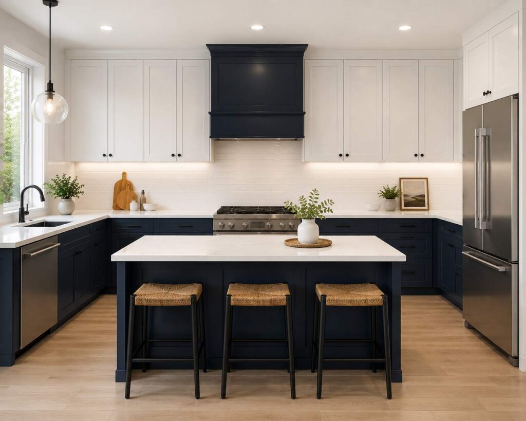 A highly realistic two-tone kitchen featuring deep navy blue lower cabinets and crisp white upper cabinets with matte black hardware. The design includes a matching navy range hood, white quartz countertops with subtle grey veining, a large navy island with woven bar stools, stainless steel appliances, warm under-cabinet lighting, and light wood flooring in a bright modern coastal-inspired space.
