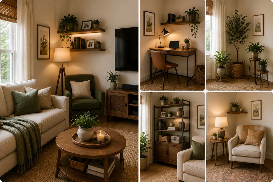 Warm modern living room collage showcasing efficient corner usage with a cozy reading nook, compact workspace, indoor plant corner, storage shelving, and accent seating area, styled with neutral tones, wood furniture, soft lighting, and layered textures.