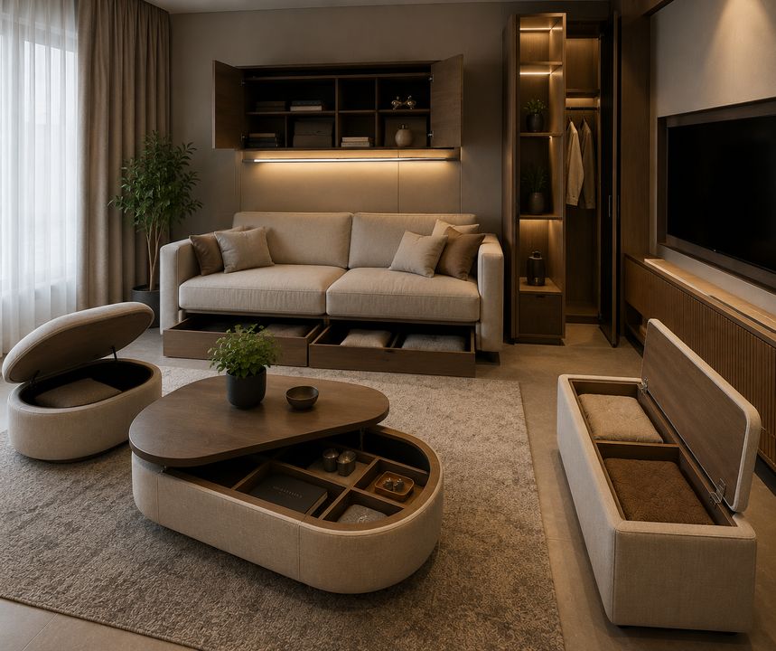 Modern living room with hidden storage solutions including a storage coffee table, under-sofa drawers, concealed wall cabinets, and a storage bench, all styled in warm neutral tones with soft ambient lighting.