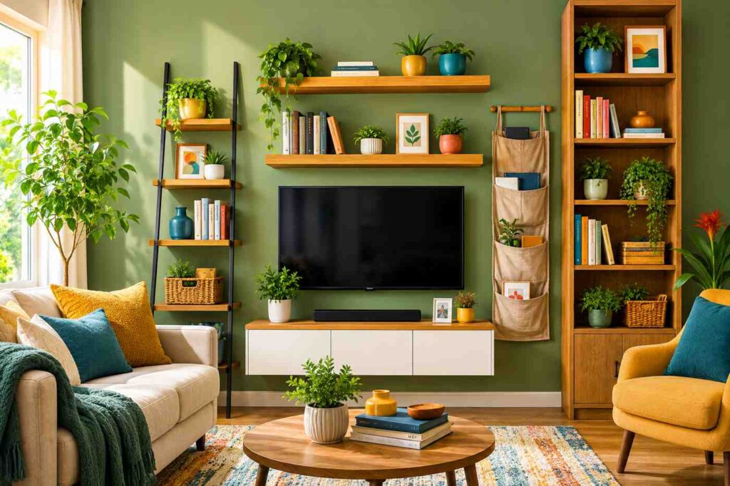 Modern vibrant living room interior with smart vertical storage solutions, including floating wooden shelves, ladder shelving, tall bookshelves, hanging organizers, indoor plants, and cozy colorful furniture arranged around a wall-mounted TV in a stylish contemporary home.