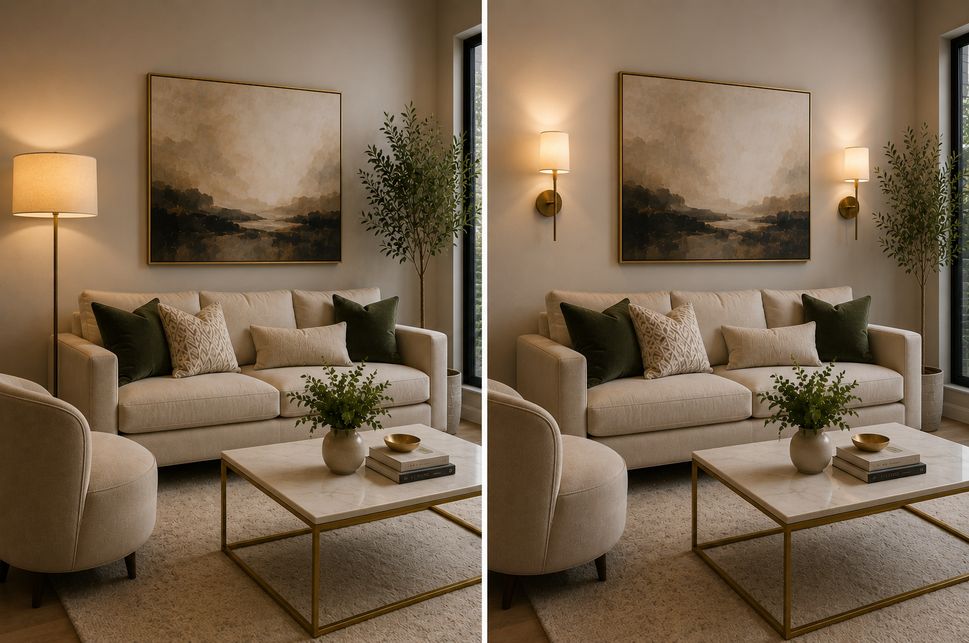 Side-by-side comparison of a modern living room with a floor lamp on the left and elegant wall sconces on the right, showing how wall-mounted lighting creates a cleaner, more spacious, and cozy atmosphere.