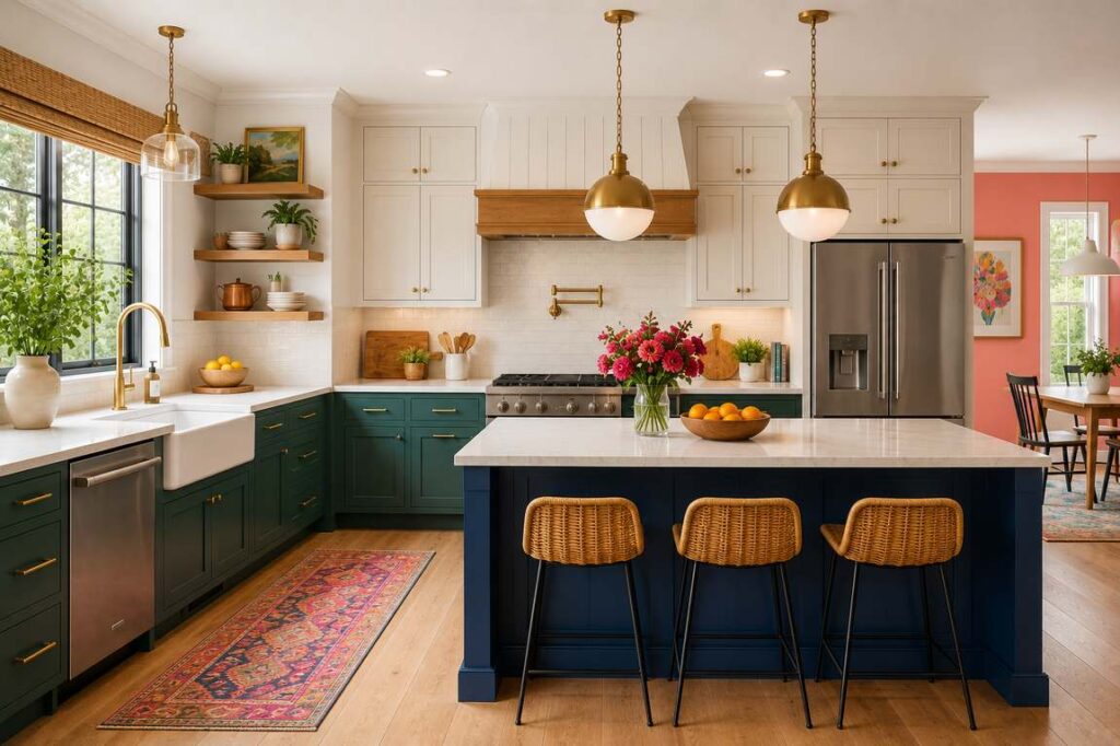 A bright L-shaped modern farmhouse kitchen with deep green cabinets, a navy island, brass fixtures, colorful decor accents, open wood shelving, and warm wood flooring.