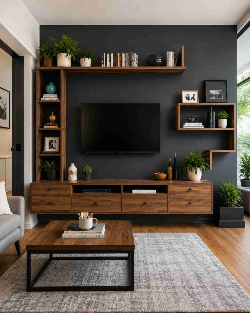 Wall-mounted modular TV unit design with customizable wooden shelves, floating media console, dark accent wall, indoor plants, and modern contemporary living room interior.
