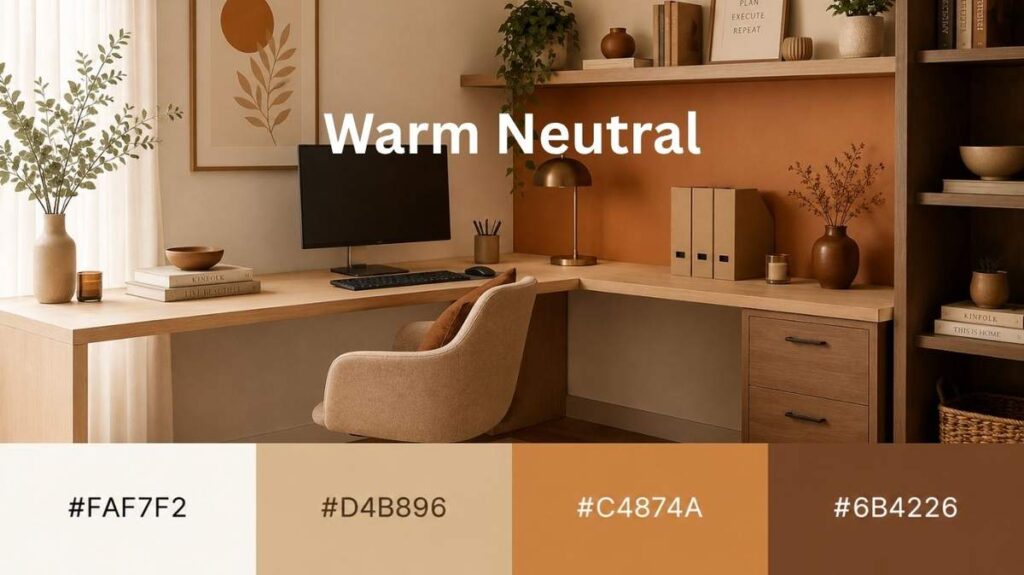 A warm neutral-toned home office with an L-shaped wooden desk, beige upholstered chair, and minimalist decor. The workspace features soft lighting, shelves with plants and books, and earthy accents in cream, tan, terracotta, a
nd dark brown. Large text reading ‘Warm Neutral’ appears over the image, with a color palette below showing hex codes: #FAF7F2, #D4B896, #C4874A, and #6B4226.”