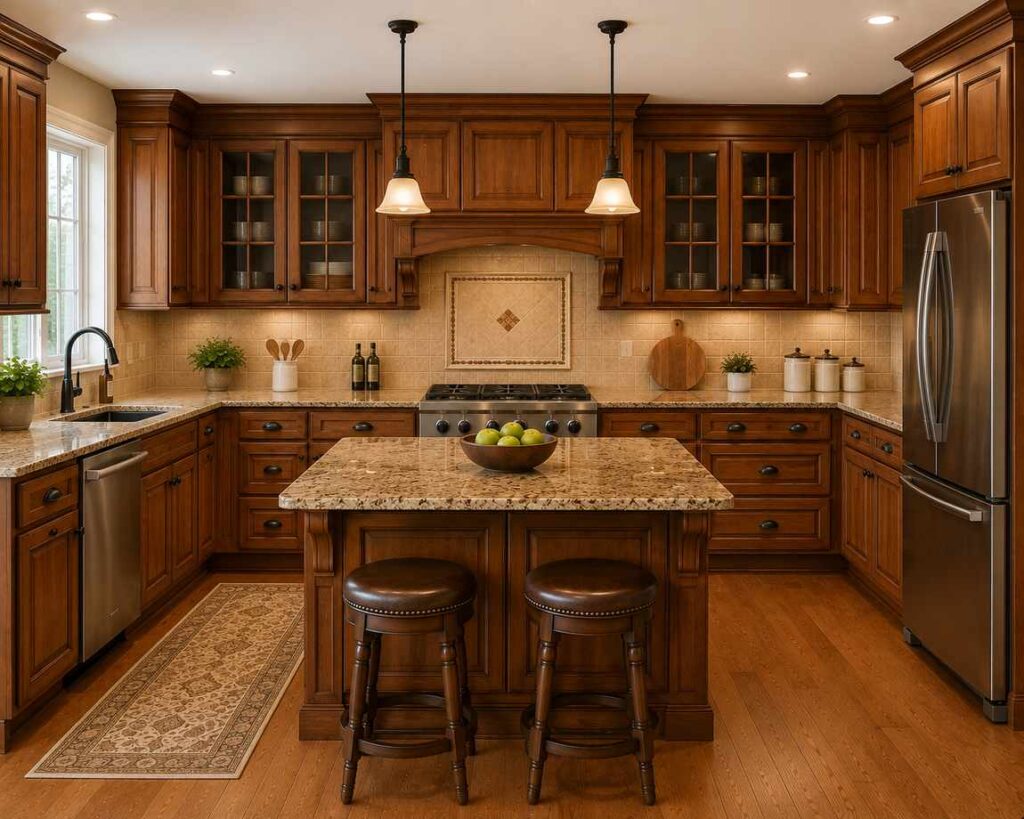 A highly realistic traditional kitchen featuring medium-tone stained wood cabinets with oil-rubbed bronze hardware, warm granite countertops, and a beige ceramic tile backsplash. The design includes a large central island with matching granite, stainless steel appliances, pendant lighting, warm hardwood flooring, and symmetrical cabinetry that creates a timeless, elegant atmosphere.