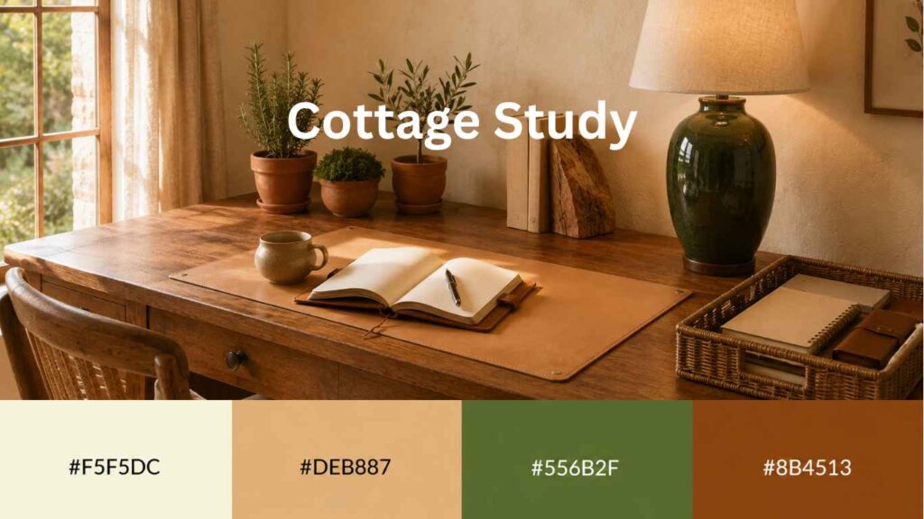 Warm cottage-style study workspace featuring a rustic wooden desk with a leather desk mat, open notebook, coffee mug, potted plants, and a ceramic table lamp. The image includes a cozy neutral color palette with beige, olive green, and rich brown tones labeled with matching hex color codes.
