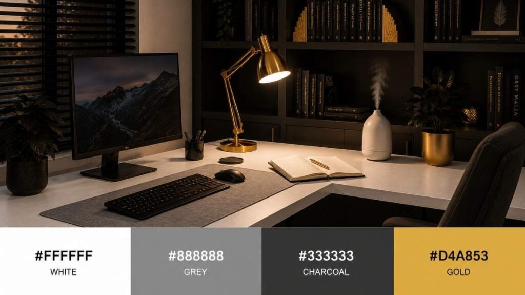 A modern dark-themed home office with a white L-shaped desk, black monitor, keyboard, and brass desk lamp. The workspace is softly lit and styled with black shelving, books, plants, and a diffuser, creating a sophisticated charcoal and gold aesthetic. A color palette below shows the colors white (#FFFFFF), grey (#888888), charcoal (#333333), and gold (#D4A853).