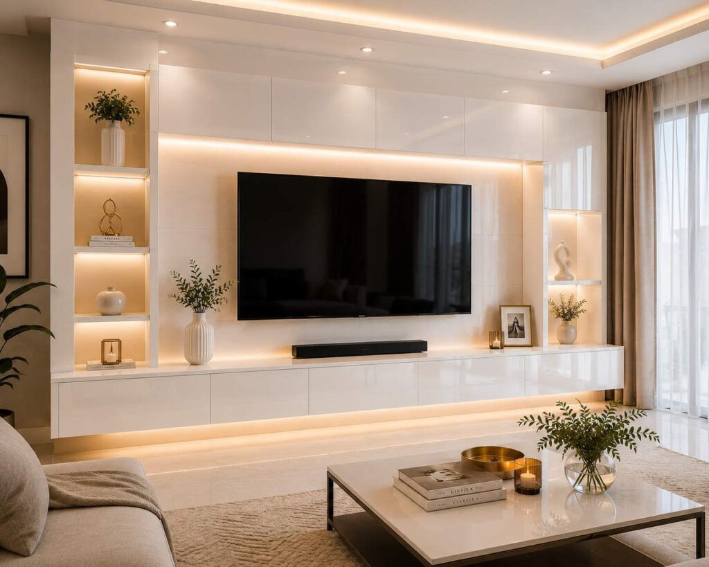 Modern white high gloss TV unit design with floating entertainment cabinet, warm LED lighting, glossy wall panels, and luxury minimalist living room interior.
