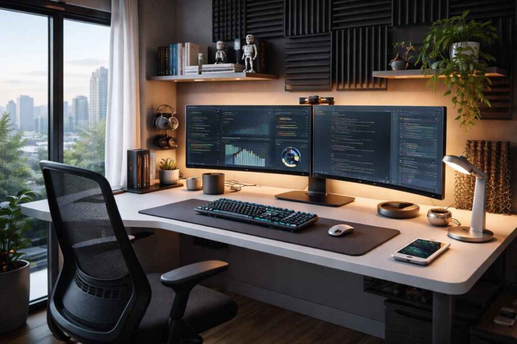 Modern programmer workspace with dual ultrawide monitors displaying code and analytics dashboards, a minimalist white desk, ergonomic black chair, mechanical keyboard, and soft ambient lighting. The setup includes acoustic wall panels, floating shelves, plants, and a large city-view window for a sleek contemporary home office aesthetic.