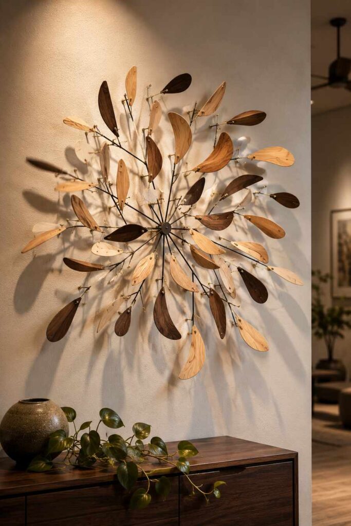 Contemporary kinetic wall sculpture featuring dozens of balanced hardwood elements in maple, ash, and walnut, suspended on brass pivots from a branching metal armature. The organic leaf-shaped pieces create dynamic movement and layered shadows on a warm white wall, illuminated by soft gallery lighting in a modern interior.
