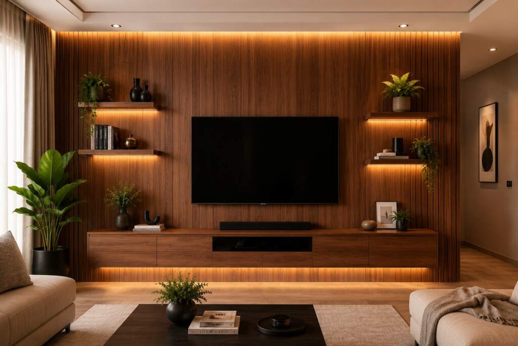 Modern living room with a wall-mounted TV on a warm wooden panel wall, floating shelves with ambient lighting, and minimalist decor.