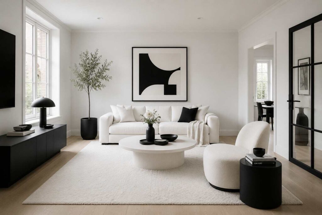White Armless Accent Chair in small living room