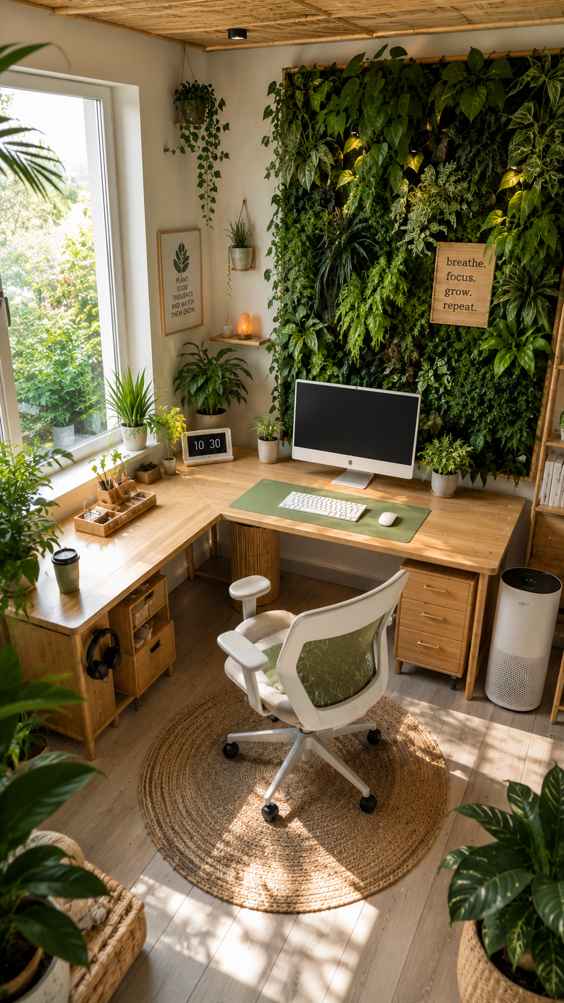 A bright biophilic-style home office with a bamboo desk, white ergonomic chair, and a large living plant wall filled with lush greenery. The workspace features natural wood textures, woven decor, indoor plants, and soft sunlight streaming through large windows. A minimalist computer setup, earthy tones, and calming botanical accents create a serene, nature-inspired atmosphere focused on wellness and productivity.