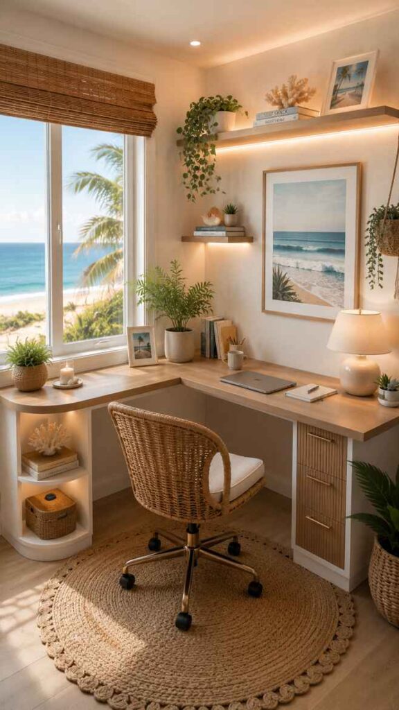 A bright coastal-inspired home office with a light wood desk, woven rattan chair, and soft neutral decor. The workspace overlooks an ocean view through a large window with bamboo blinds and features beach-themed artwork, indoor plants, woven textures, and warm ambient shelf lighting. Natural materials, sandy tones, and tropical accents create a calm, airy seaside atmosphere.