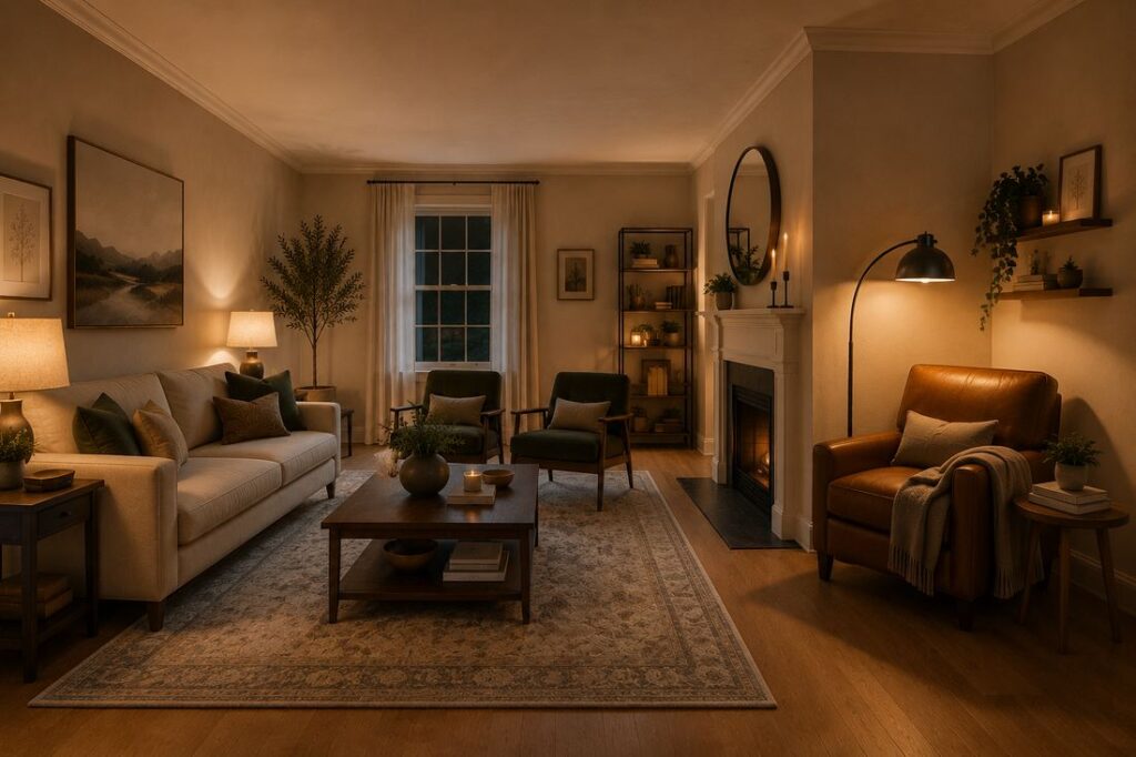 Corner Reading Nook with Leather Accent Chair
