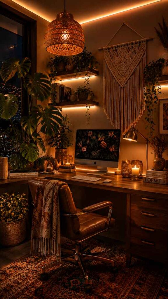 A cozy bohemian-style home office at night with warm amber lighting, wooden furniture, and lush indoor plants. The workspace features a desktop computer, leather office chair with a patterned throw blanket, woven pendant light, macramé wall hanging, candles, and floating shelves with books and greenery. The rich earthy tones, layered textures, and city lights outside the window create a warm, inviting atmosphere.