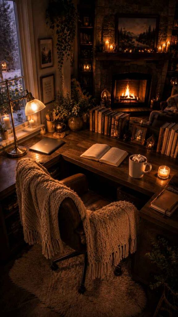 A cozy rustic home office illuminated by warm candlelight and a glowing fireplace. The wooden workspace features an open book, soft knitted throw blanket draped over a leather chair, candles, bookshelves, and a mug of marshmallow-topped hot chocolate. Large windows reveal a snowy winter evening outside, creating a peaceful cabin-like atmosphere with warm amber tones and hygge-inspired decor.