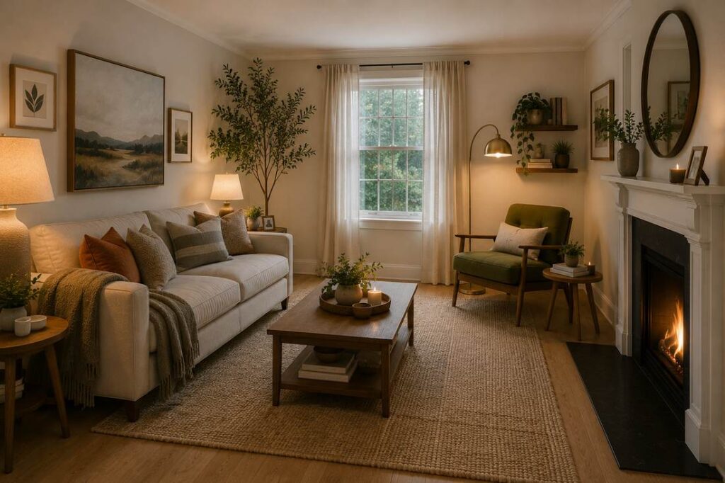 sage green accent chair paired with natural linen