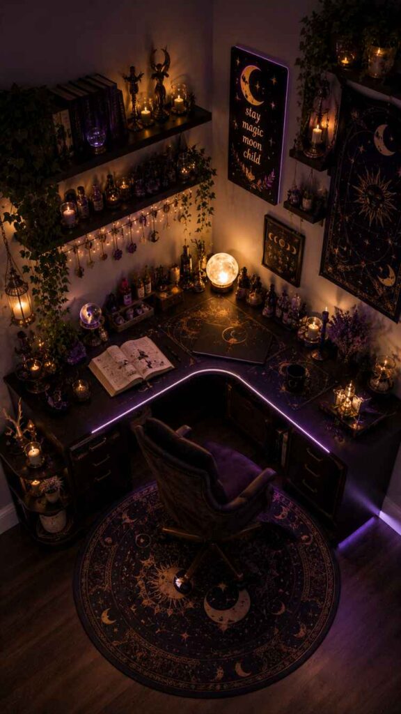 A dark mystical-themed workspace illuminated by candles, warm amber lighting, and soft purple LED accents. The cozy corner desk features celestial-patterned desk mats, shelves filled with potion bottles, crystals, books, plants, and occult-inspired decor. A glowing moon lamp, tarot-style artwork, hanging ivy, and a circular celestial rug create an enchanting witchy atmosphere with magical and gothic aesthetics.