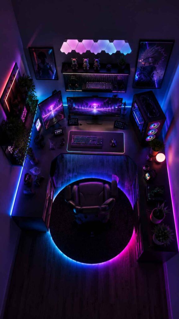 A futuristic cyberpunk-style gaming setup viewed from above, illuminated with vivid purple, blue, and pink RGB lighting. The room features an L-shaped desk with multiple monitors displaying neon cityscapes, a glowing gaming PC tower, RGB keyboard and mouse, LED wall panels, and anime-inspired wall art. A black gaming chair sits on a circular rug surrounded by ambient floor lighting, creating an immersive high-tech atmosphere.