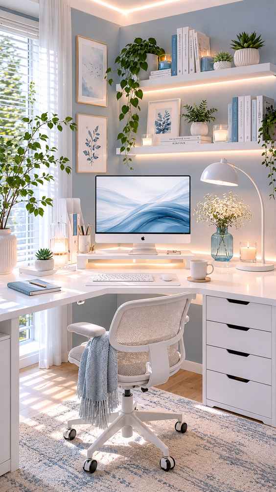 A bright and airy home office with a white L-shaped desk, ergonomic white chair, and soft blue accents throughout the decor. The workspace features floating shelves with books, plants, candles, framed botanical artwork, and warm LED lighting. Large windows fill the room with natural light, creating a fresh, calm, and modern Scandinavian-inspired atmosphere.
