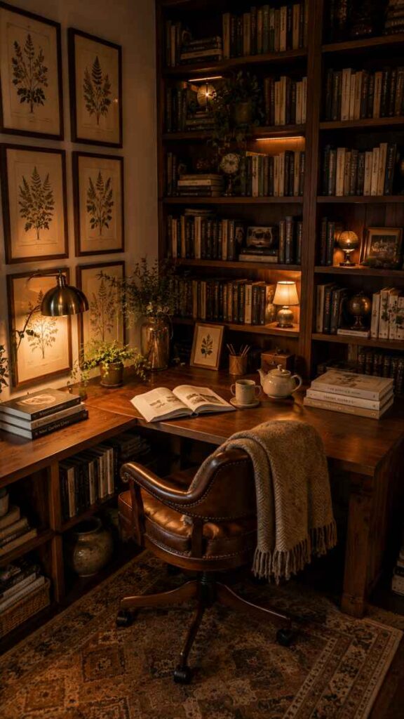 Warm and cozy library-style home office with dark wooden bookshelves filled with books, botanical wall art, ambient lighting, and a vintage leather desk chair. The workspace features a wooden corner desk with an open book, teapot, plants, and soft golden lighting that creates an elegant and inviting reading atmosphere.