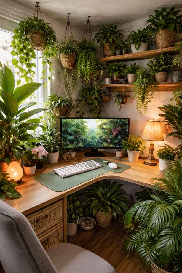 A lush indoor jungle-style workspace filled with hanging and potted green plants surrounding a wooden corner desk. The cozy setup features a widescreen monitor displaying a tropical forest scene, a white keyboard and mouse, warm table lamp lighting, and natural woven baskets and textures. Sunlight streams through the nearby window, creating a calm, earthy, and nature-inspired atmosphere.