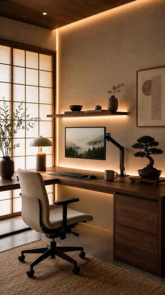 A minimalist Japanese-inspired home office with warm ambient lighting, dark wood furniture, and soft neutral tones. The workspace features a wooden desk, ergonomic beige chair, floating shelf with simple decor, bonsai tree, ceramic lamp, and a monitor displaying a misty forest landscape. Shoji-style window panels and indirect LED lighting create a calm, serene atmosphere with modern Zen aesthetics.