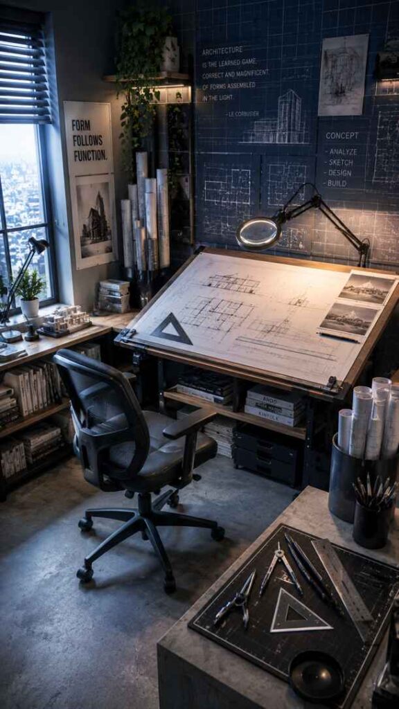 A modern architect’s studio with an industrial aesthetic, featuring a large drafting table covered in architectural blueprints and technical sketches. The workspace includes drafting tools, rolled plans, bookshelves, and blueprint-inspired wall art with design quotes and building diagrams. Cool-toned lighting, concrete textures, and a city view through the window create a focused, professional atmosphere for architecture and design work.