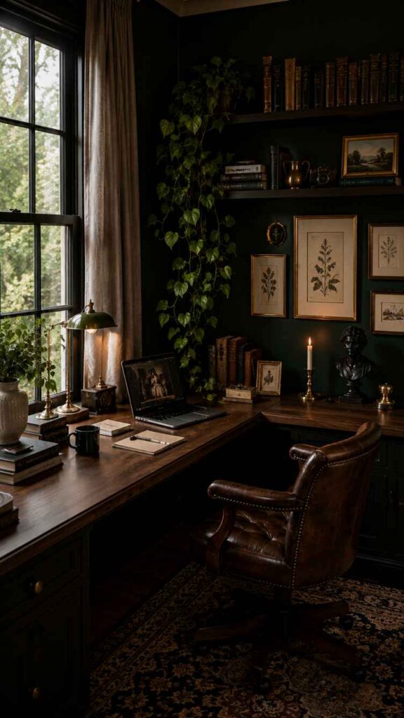 A moody vintage-style home office with dark green walls, rich wooden furniture, and warm ambient lighting. The workspace features a leather chair, wooden desk with an open laptop, books, candles, framed botanical artwork, and cascading indoor plants. Tall black-framed windows and antique-inspired decor create a cozy, sophisticated library atmosphere with deep earthy tones.
