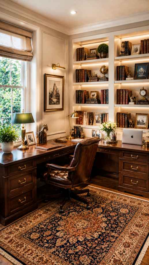 A sophisticated traditional home office with rich dark wood furniture, a leather executive chair, and built-in illuminated bookshelves filled with vintage books and framed decor. The workspace features brass desk lamps, a patterned Persian-style rug, classic artwork, and elegant decorative accents, creating a warm and refined library-inspired atmosphere with timeless design.