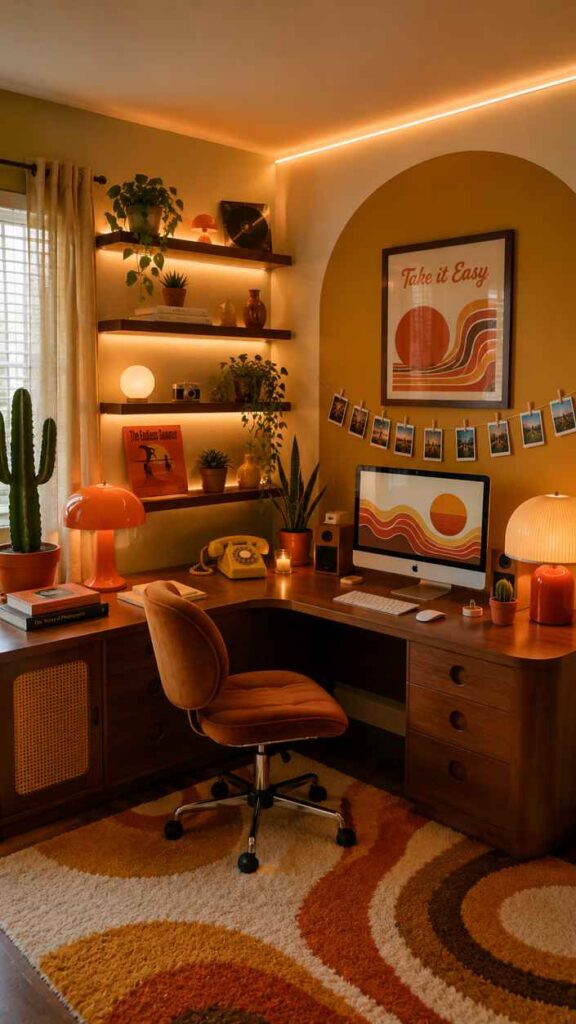 A retro-inspired home office with warm orange and brown tones, featuring a curved wooden desk, vintage-style decor, and soft ambient lighting. The workspace includes a desktop computer with retro sunset wallpaper, orange table lamps, floating shelves with plants and vinyl records, and a mustard-colored accent wall with framed 1970s-style artwork. The cozy setup combines mid-century modern furniture, earthy textures, and nostalgic decor for a warm vintage aesthetic.