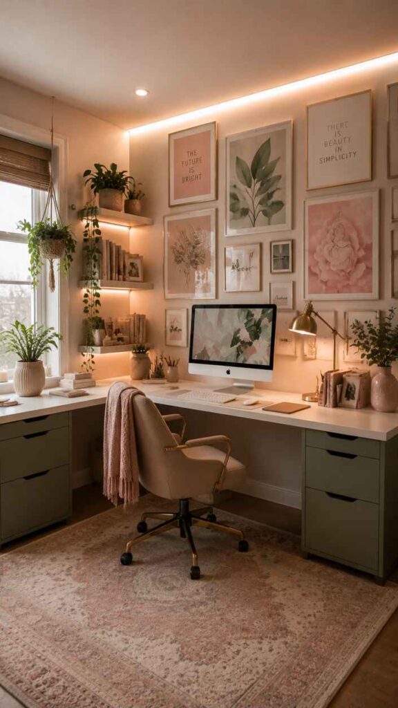 A soft feminine home office with blush pink and neutral decor, featuring a white L-shaped desk, upholstered blush office chair, and warm ambient lighting. The workspace includes framed botanical and inspirational artwork, floating shelves with books and plants, a desktop computer, gold desk lamp, and delicate decorative accents. The cozy pastel color palette and layered textures create a calm, elegant, and modern atmosphere.