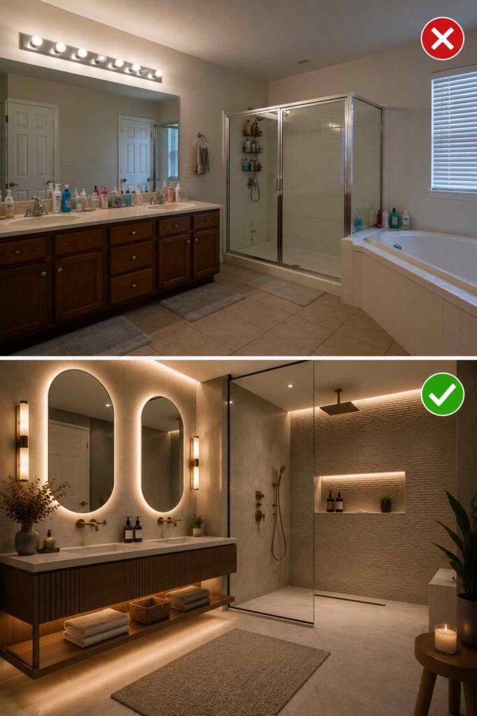 A comparison image showing a bathroom before and after renovation. The top image (marked with a red X) features a dated bathroom with dark wood cabinets, a large builder-grade mirror and vanity lights, a framed glass shower, a built-in corner tub, and numerous toiletries cluttering the countertops. The bottom image (marked with a green check) shows a modern spa-inspired redesign with floating double vanities, backlit arched mirrors, warm integrated lighting, large-format stone-look tiles, a frameless walk-in shower with a recessed illuminated niche and bench, minimal décor, and a clean, uncluttered aesthetic.