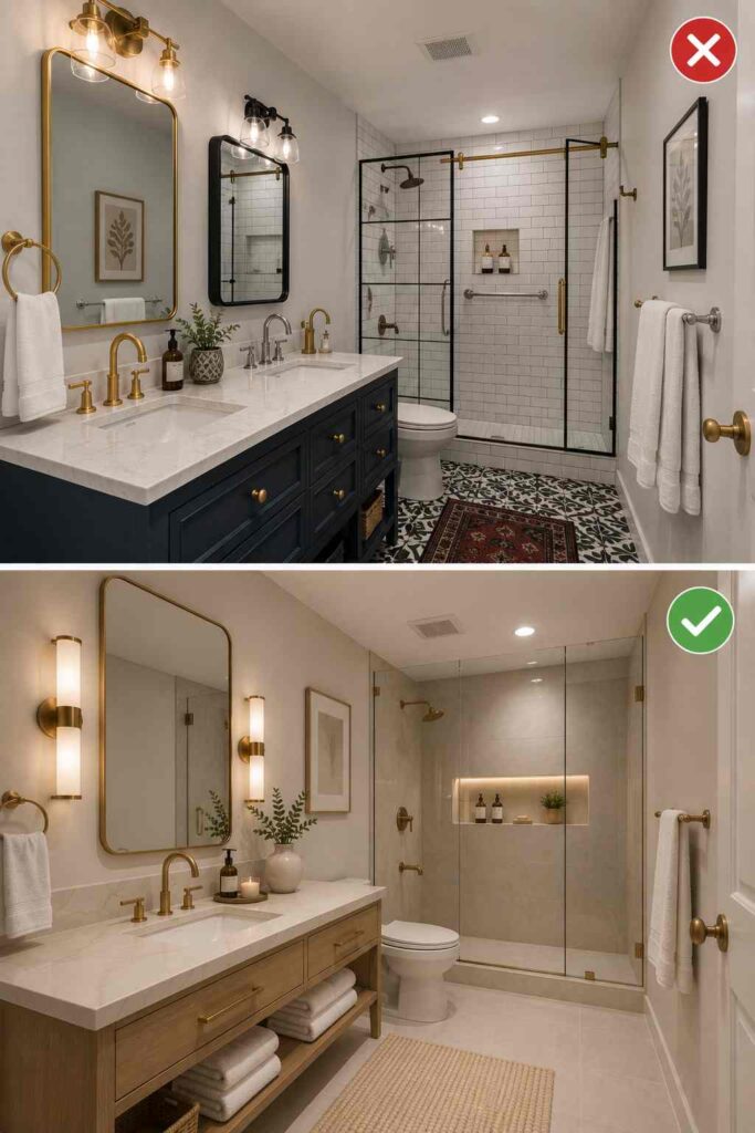 A comparison image showing two modern bathroom designs. The top image (marked with a red X) features a dark navy vanity, white subway-tile shower, patterned black-and-white floor tiles, and multiple mismatched mirrors and light fixtures. The bottom image (marked with a green check) presents a cleaner, more cohesive design with a light wood vanity, large gold-framed mirror, matching brass sconces and fixtures, large-format neutral tiles, a frameless glass shower enclosure with an illuminated recessed niche, and a soft beige rug, creating a brighter, more luxurious spa-inspired aesthetic.