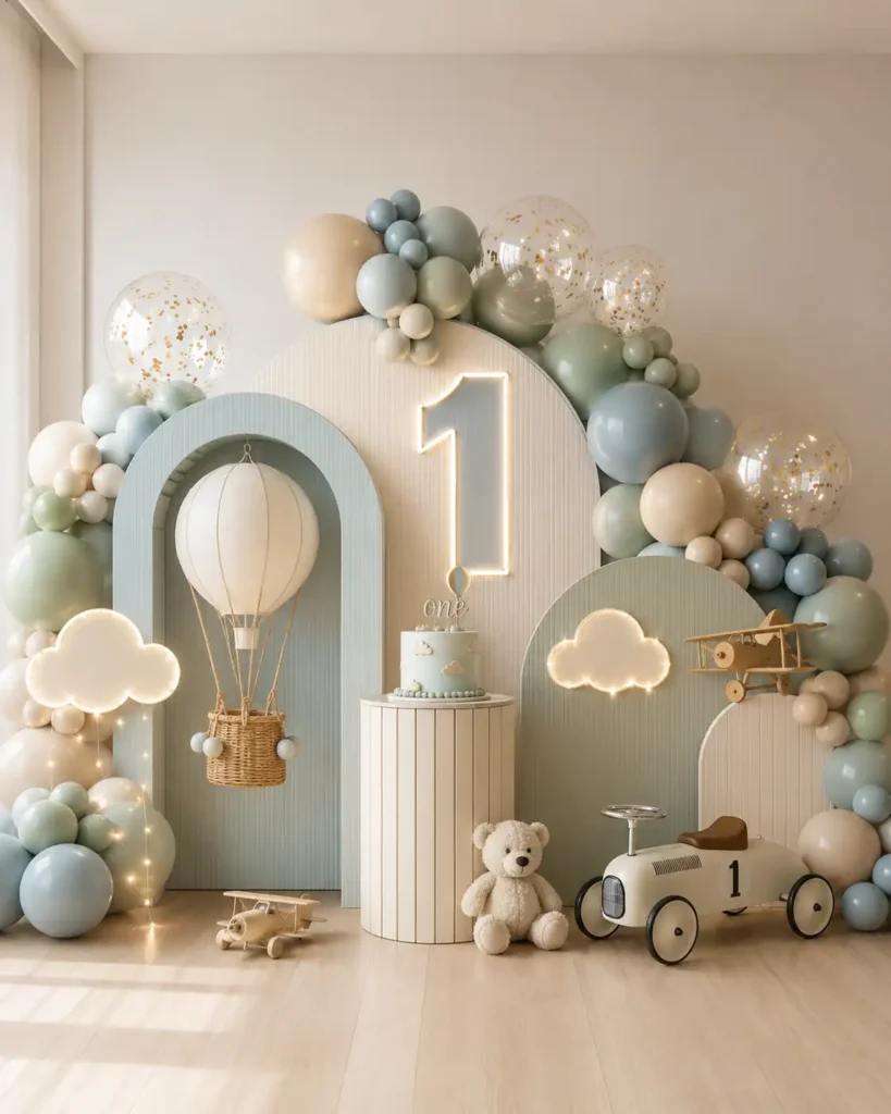 Pastel blue, sage, and cream first-birthday backdrop featuring a large illuminated number “1,” hot-air-balloon decor, balloon garlands, cloud lights, a teddy bear, vintage toy airplanes, and a ride-on car in a soft, elegant nursery-inspired theme