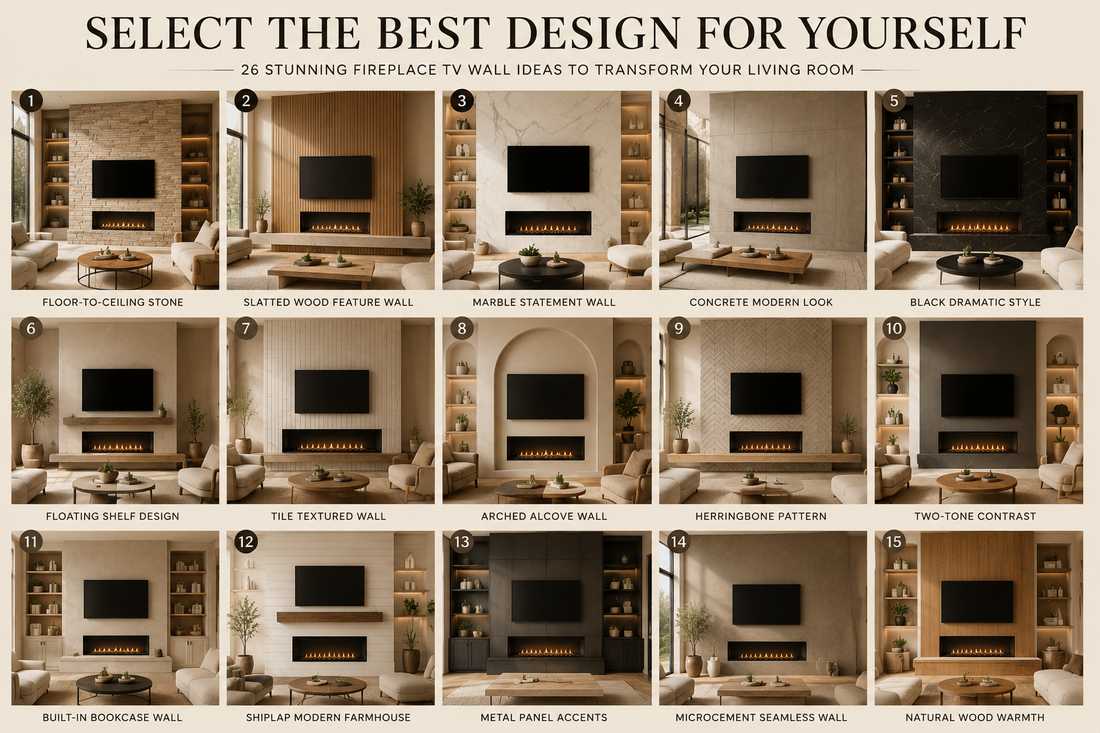 Collage of 26 fireplace TV wall ideas featuring modern, farmhouse, minimalist, marble, wood slat, and built-in media wall designs.
