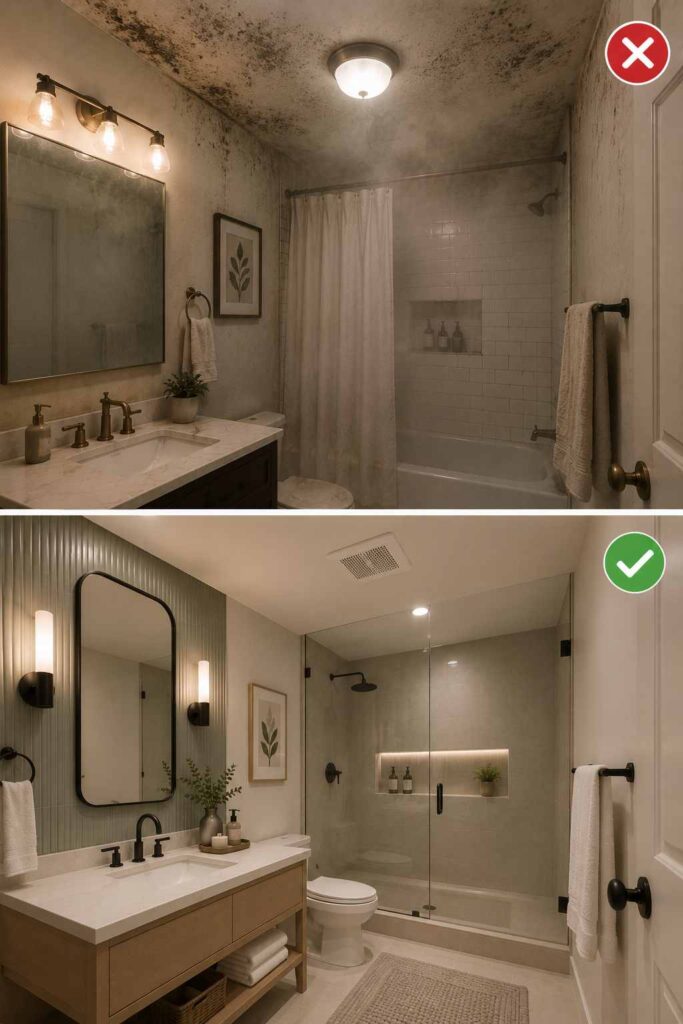 A before-and-after bathroom renovation comparison. The top image (marked with a red X) shows a small bathroom with visible mold and moisture damage on the ceiling and walls, a basic vanity with a large frameless mirror, a tub-and-shower combination with a curtain, and dated lighting. The bottom image (marked with a green check) shows a bright, modern remodel featuring a light wood floating vanity with open shelving, a tall rounded-rectangle mirror with black frame, vertical green accent tiles behind the vanity, matte black fixtures, a frameless glass walk-in shower with a recessed illuminated niche, neutral large-format tiles, and a clean, spa-inspired design. 