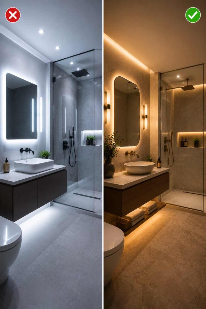 A side-by-side comparison of two modern bathrooms. The left image (marked with a red X) features a cool-toned design with gray stone-look tiles, a rectangular backlit mirror, crisp white LED lighting, a floating dark wood vanity with a square vessel sink, and a frameless glass shower, creating a clinical atmosphere. The right image (marked with a green check) shows a warmer spa-inspired design with soft amber lighting, an arched backlit mirror, warm wood vanity, round vessel sink, integrated under-cabinet lighting, large-format beige stone tiles, a frameless walk-in shower with an illuminated recessed niche, and natural decorative accents for a more inviting feel.