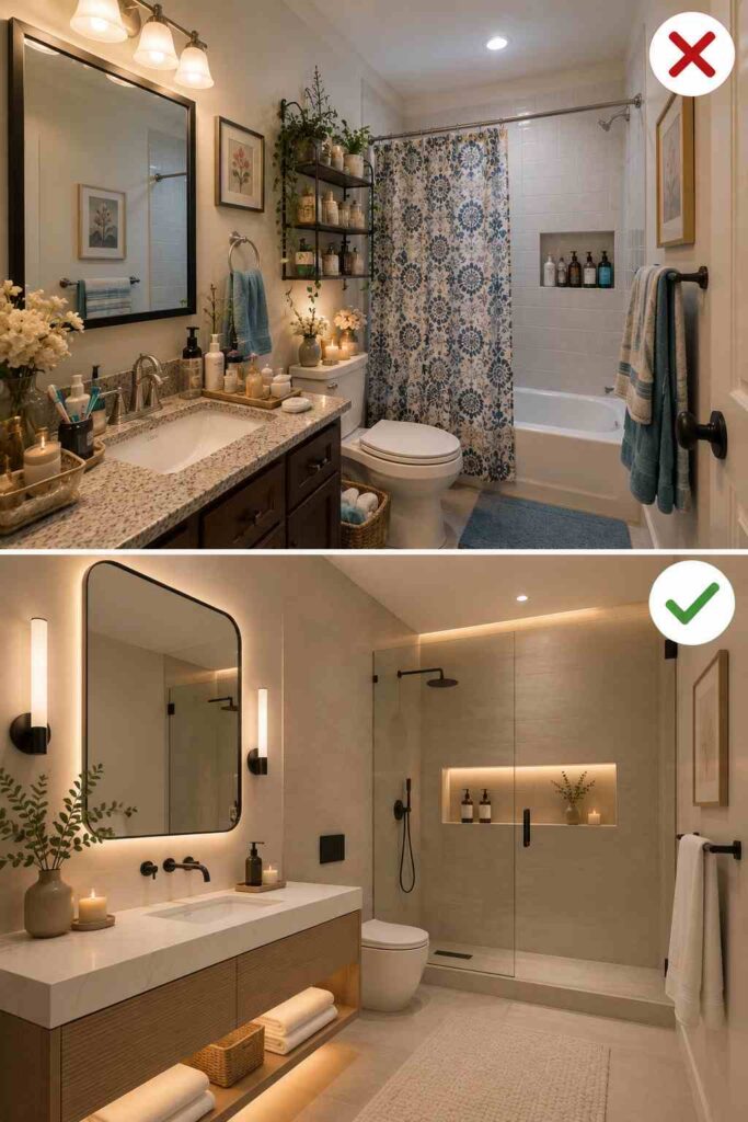 A before-and-after bathroom renovation comparison. The top image (marked with a red X) shows a traditional bathroom with a dark wood vanity, granite countertop, large black-framed mirror, three-light vanity fixture, patterned blue-and-white shower curtain, chrome fixtures, open shelving with toiletries, and multiple decorative accessories creating a cluttered appearance. The bottom image (marked with a green check) features a modern spa-inspired remodel with a floating light wood vanity, integrated under-cabinet lighting, a backlit rounded-rectangle mirror, matte black fixtures, a frameless glass walk-in shower with a recessed illuminated niche, large-format neutral tiles, minimal décor, and a clean, uncluttered aesthetic.