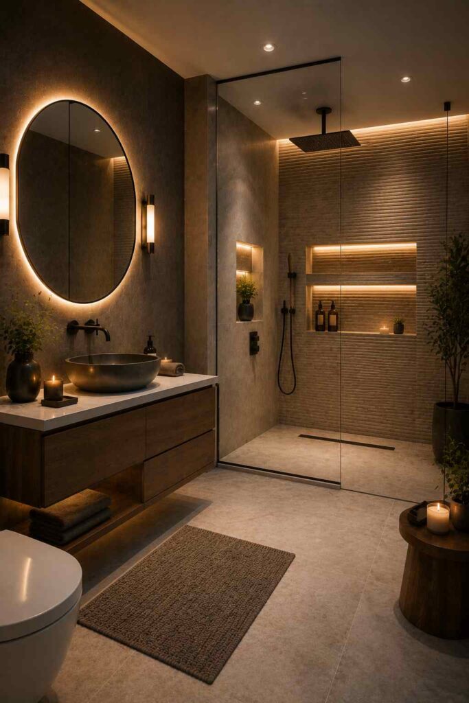 A luxurious contemporary bathroom with warm ambient lighting and a spa-inspired design. The room features a floating walnut vanity with a white stone countertop and a dark round vessel sink beneath a large oval backlit mirror with slim wall sconces. A frameless glass walk-in shower includes a ceiling-mounted rainfall showerhead, handheld shower, and illuminated recessed niches displaying toiletries, candles, and plants. Soft LED lighting highlights textured wall tiles, under-vanity storage, and decorative greenery, while a textured bath rug and small wooden side table with candles complete the relaxing atmosphere.