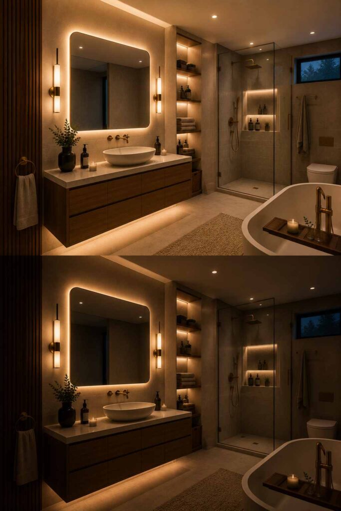 Split comparison image showing the same luxurious modern bathroom in two lighting conditions. The bathroom features a floating walnut vanity with a white stone countertop and round vessel sink, a large backlit rounded-rectangle mirror flanked by brass wall sconces, warm under-vanity lighting, illuminated built-in shelving with towels and toiletries, a frameless glass walk-in shower with a recessed illuminated niche, a freestanding white bathtub with a wooden bath tray and candle, a wall-mounted toilet, and a textured beige rug. The upper image is brighter with more ambient light, while the lower image shows a dimmer evening atmosphere emphasizing the warm accent lighting.